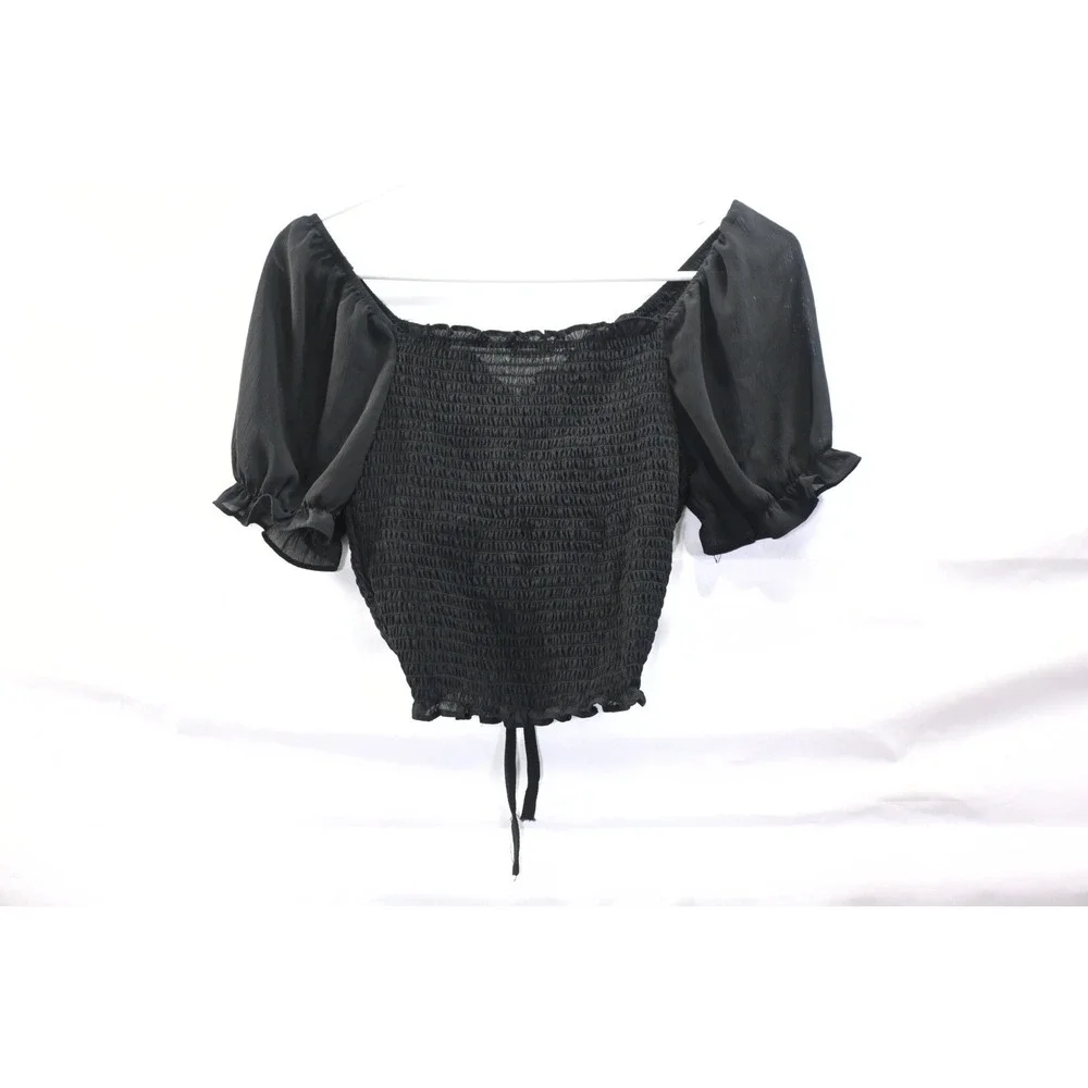 Active USA Black Smocked Crop Top Puff Sleeve Ruched Tie Front Blouse M Y2K Sexy